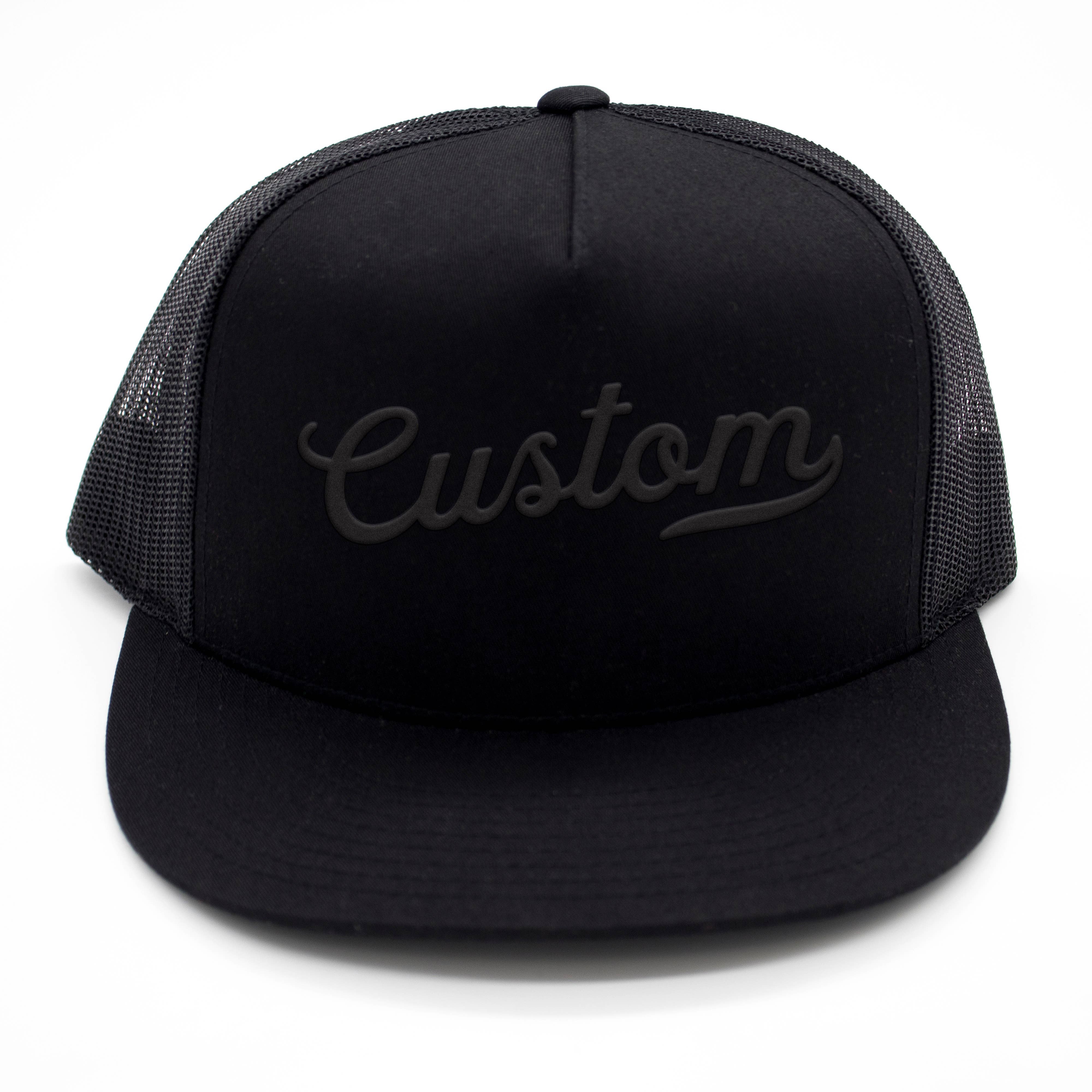 CUSTOM TEXT Raised Print Snapback Trucker Hats: All Black / White