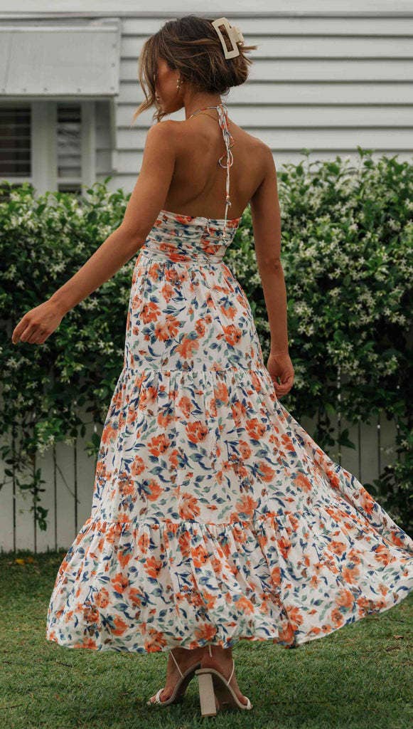 Plunge halter backless floral swing maxi sun dress: Orange / L