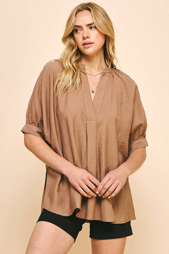 V-NECK TUNIC TOP - MOCHA: S