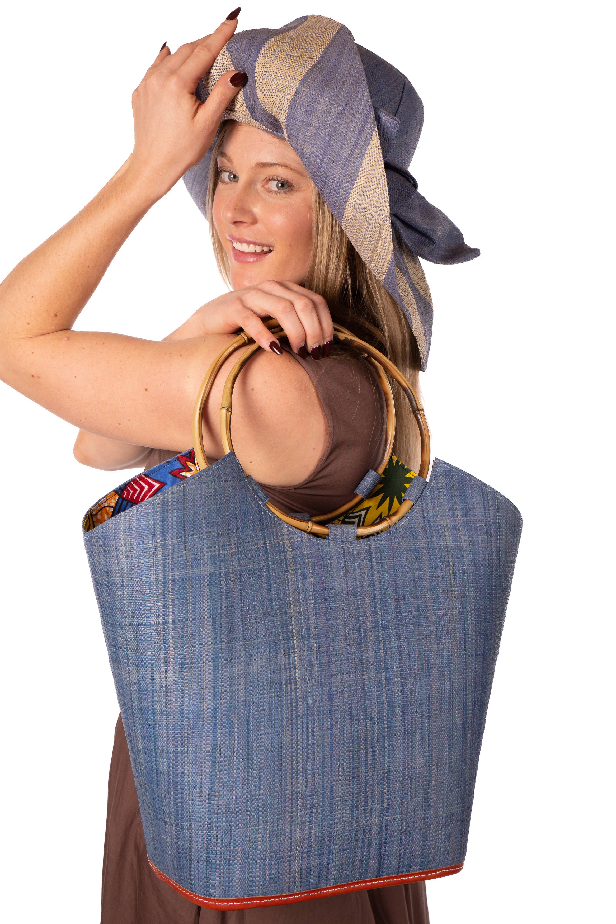 Carmen Straw Bucket Bag with Bamboo Handles: Denim