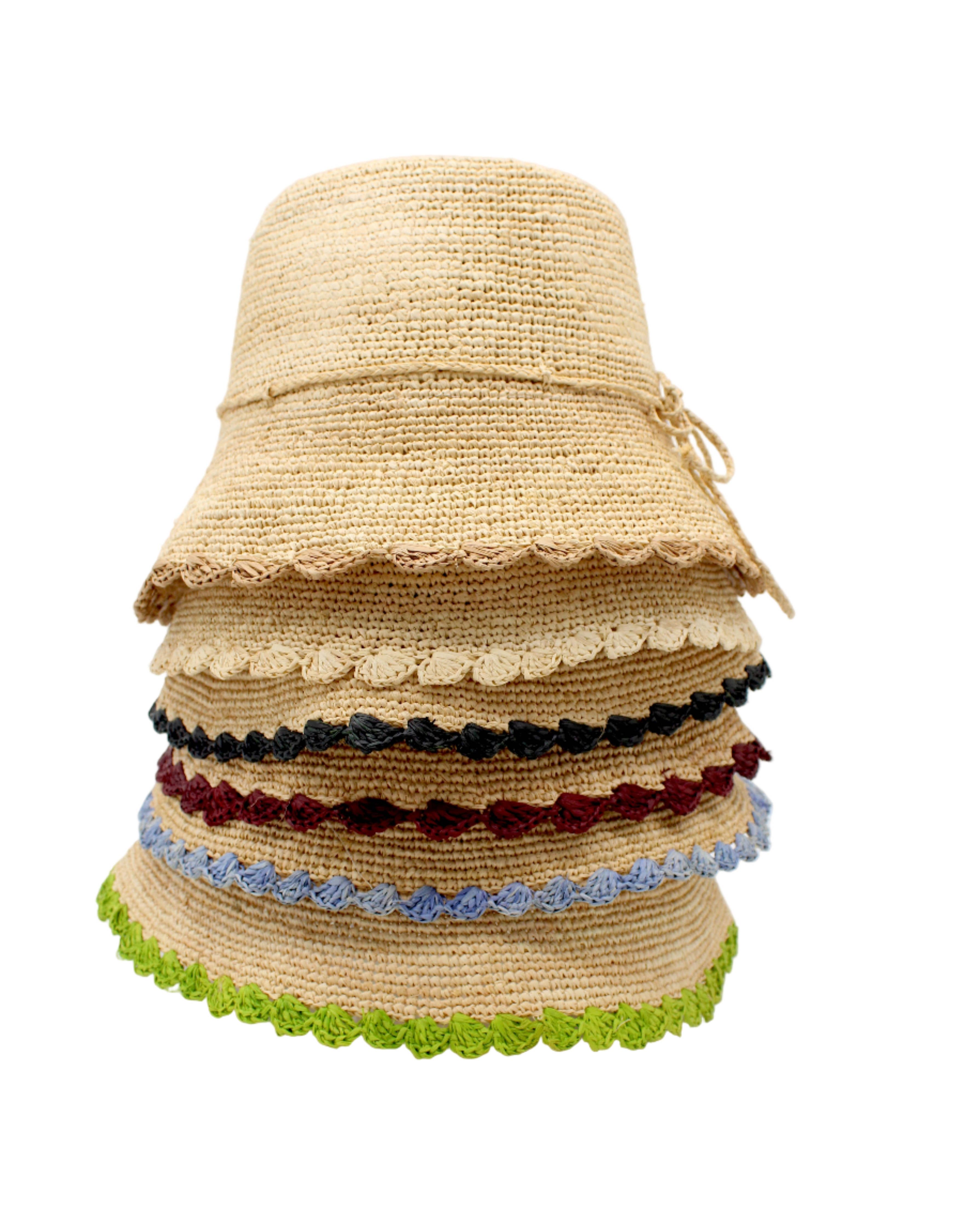 Kate 3" Brim Crochet Bucket Straw Hats with Colored Edge: Fuchsia