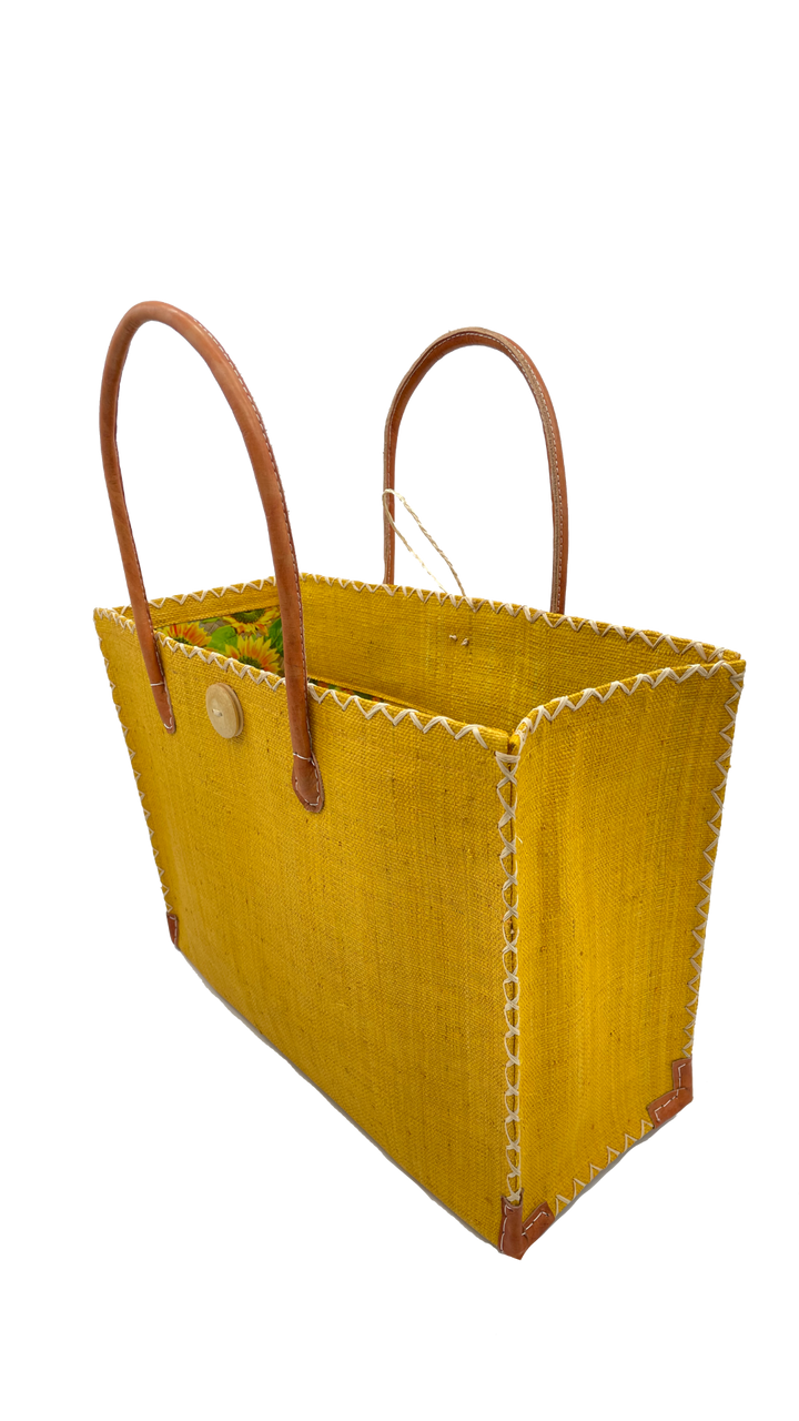 Zafran Solid Straw Beach Bag with Plastic Liner - 2 Sizes: Large / Saffron