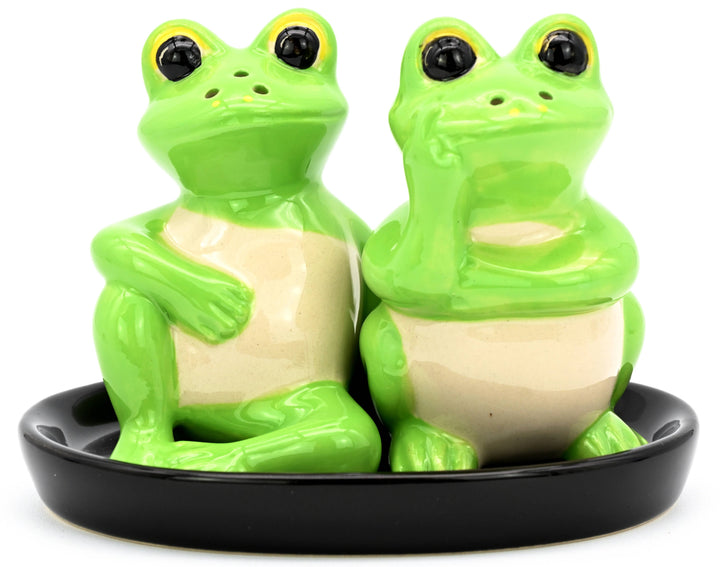 SP919 SALT AND PEPPER SHAKER Frog and black ceramic tray