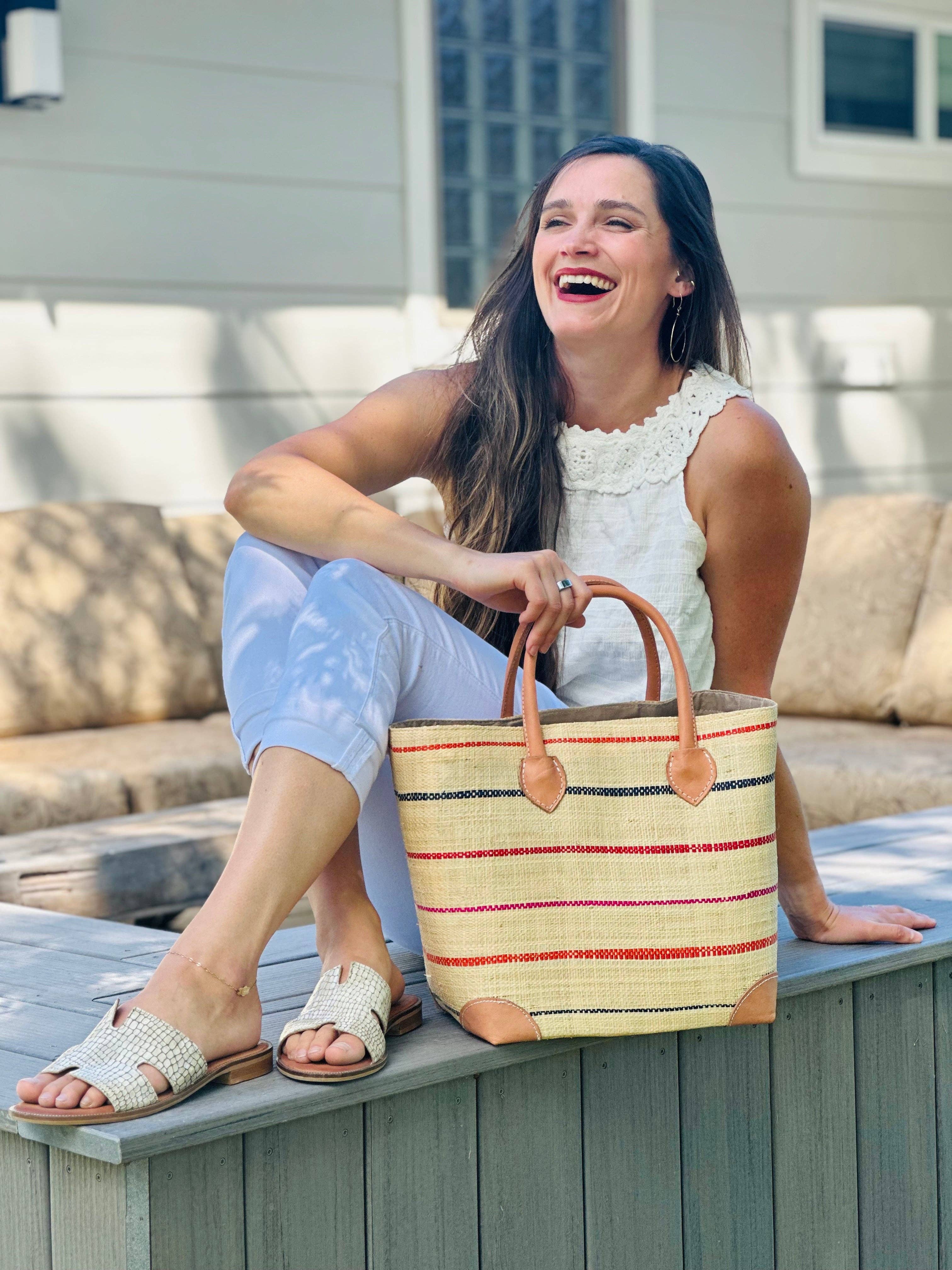 Augustine Straw Basket Bag - Three Sizes: Coral / Large