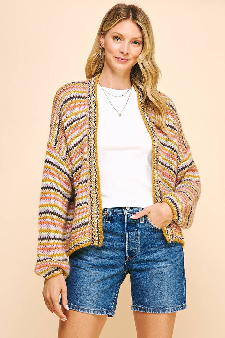 STRIPE OPEN STYLE CARDIGAN - MUSTARD STRIPE: ML