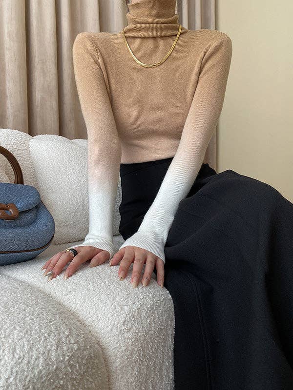 Long Sleeves Skinny Gradient High-Neck Pullovers Sweater Tops: CAMEL / One_size