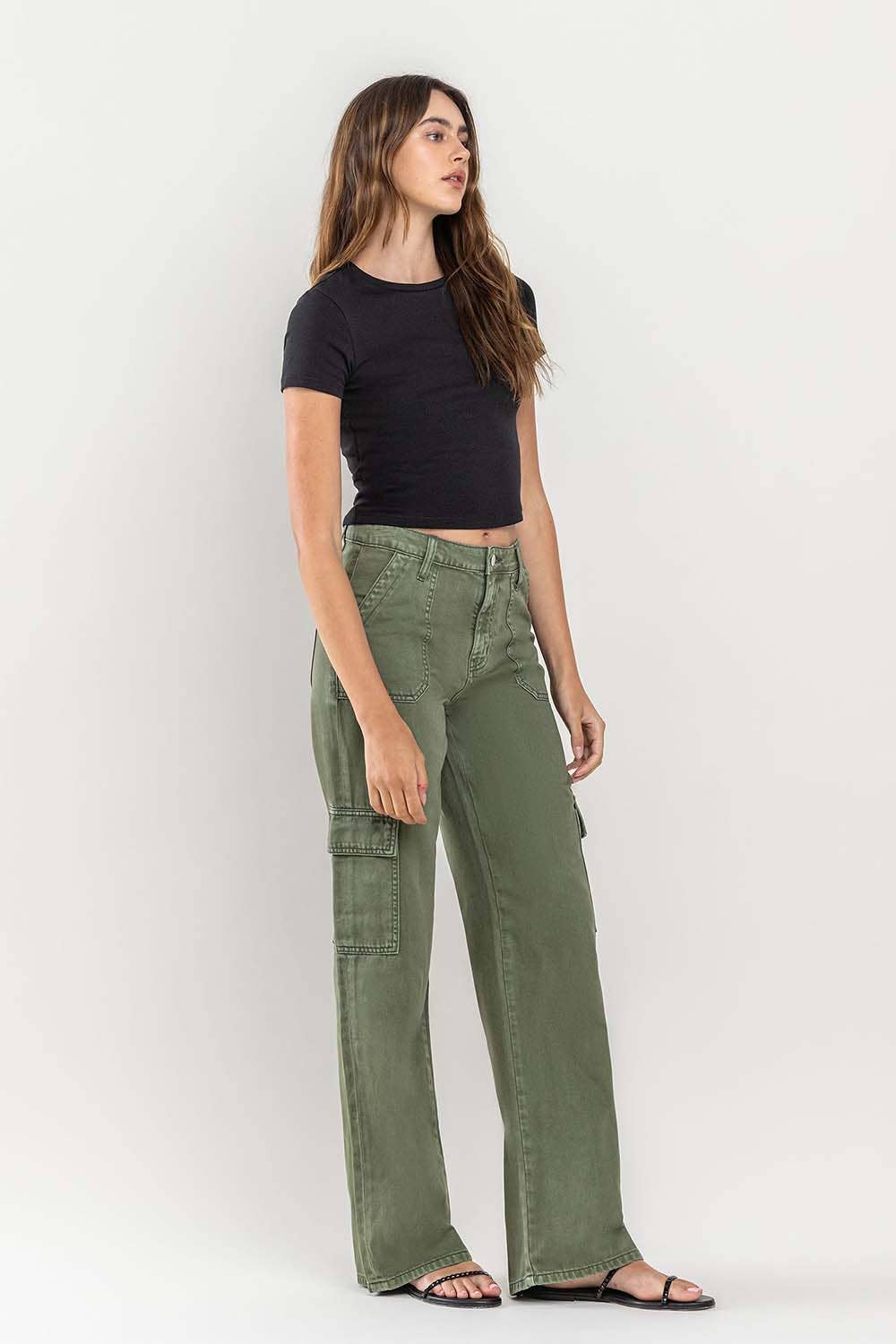 HIGH RISE UTILITY CARGO WIDE JEANS T5823TY: THYME / 27