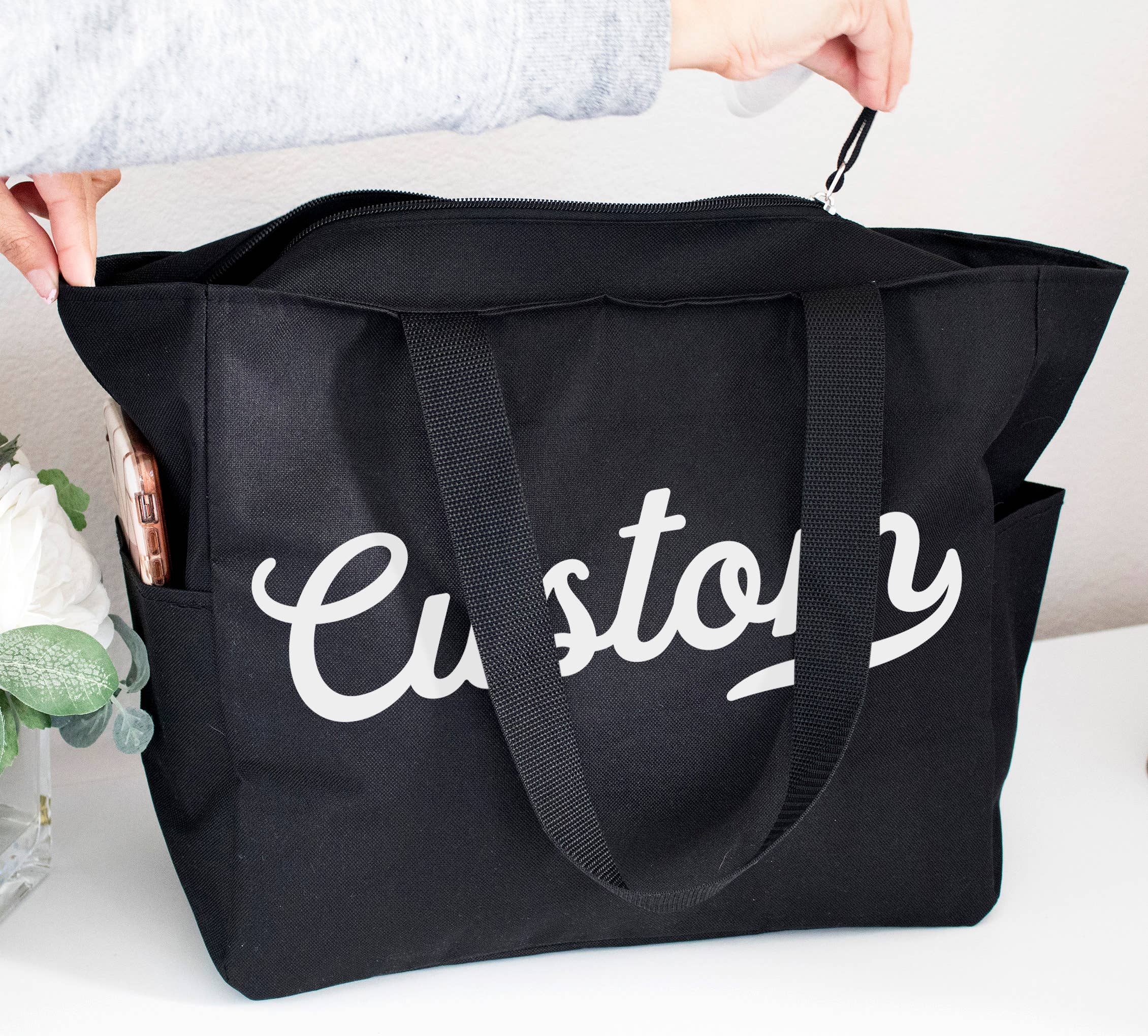 CUSTOM Small Business Tote Bag with Zipper and Side Pockets: Black