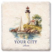 Custom Lighthouse Sailboat Name Drop Coaster: Limestone