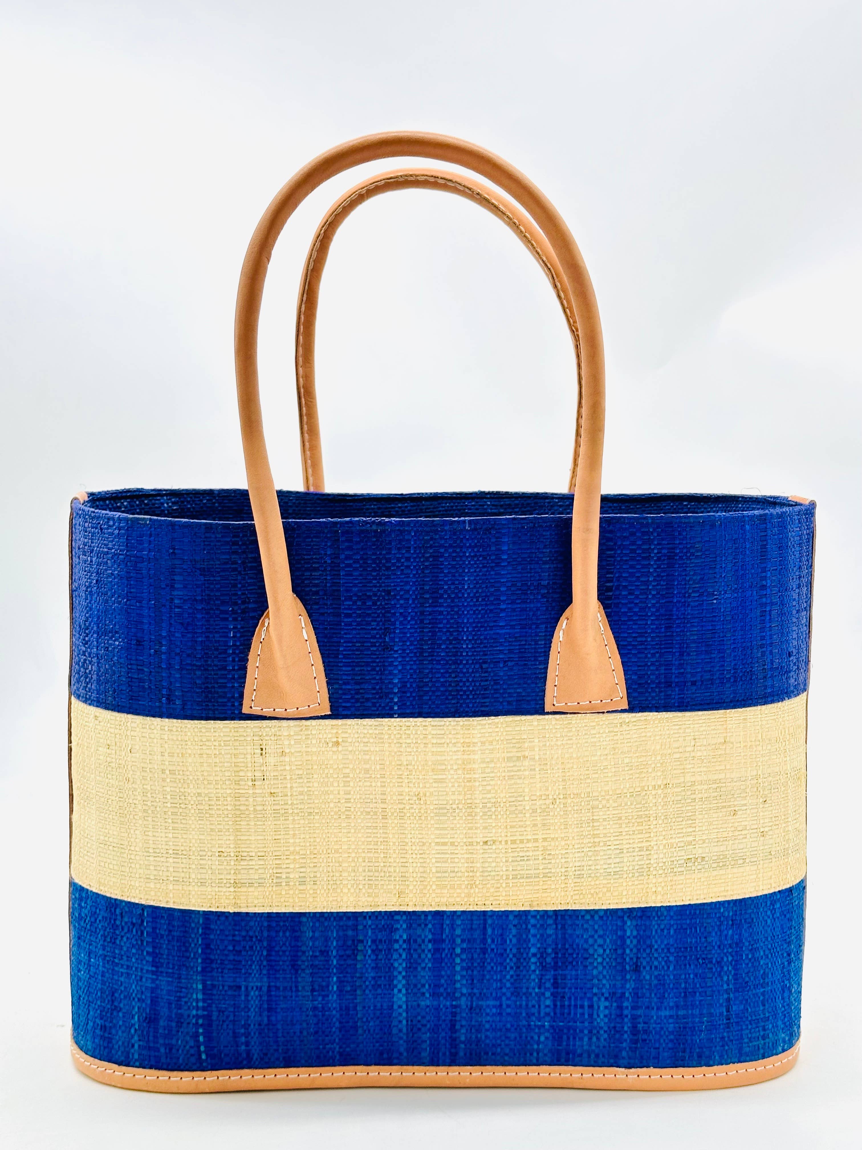 Santorini Color Block Straw Basket Bag Handbag: Small / Tobacco & Black