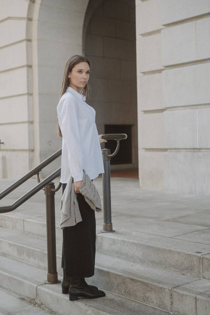 The Annalise Top | Pinstripe Button-Down Top: BLUE/WHITE / MEDIUM