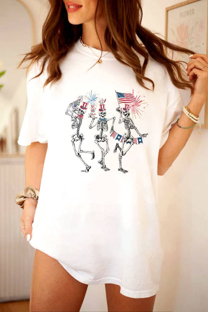 Fourth of July Skellies, 4th of July, Unisex Round Neck T-Shirt: M / White