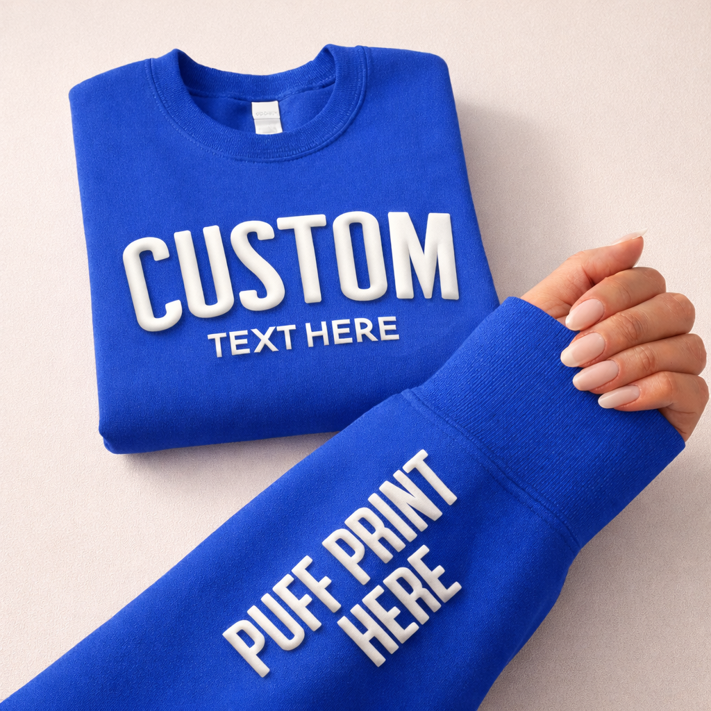 CUSTOM Wrist Sleeve & Front Puff Print Unisex Sweatshirt: Black / White / 2XL