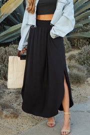 CWBLS041_SMOCKING WAIST MAXI SKIRT WITH SIDE POCKET: Black / (L) 1