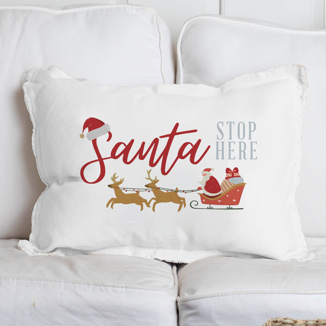 Santa Stop Here Lumbar Pillow: White / 12 x 18