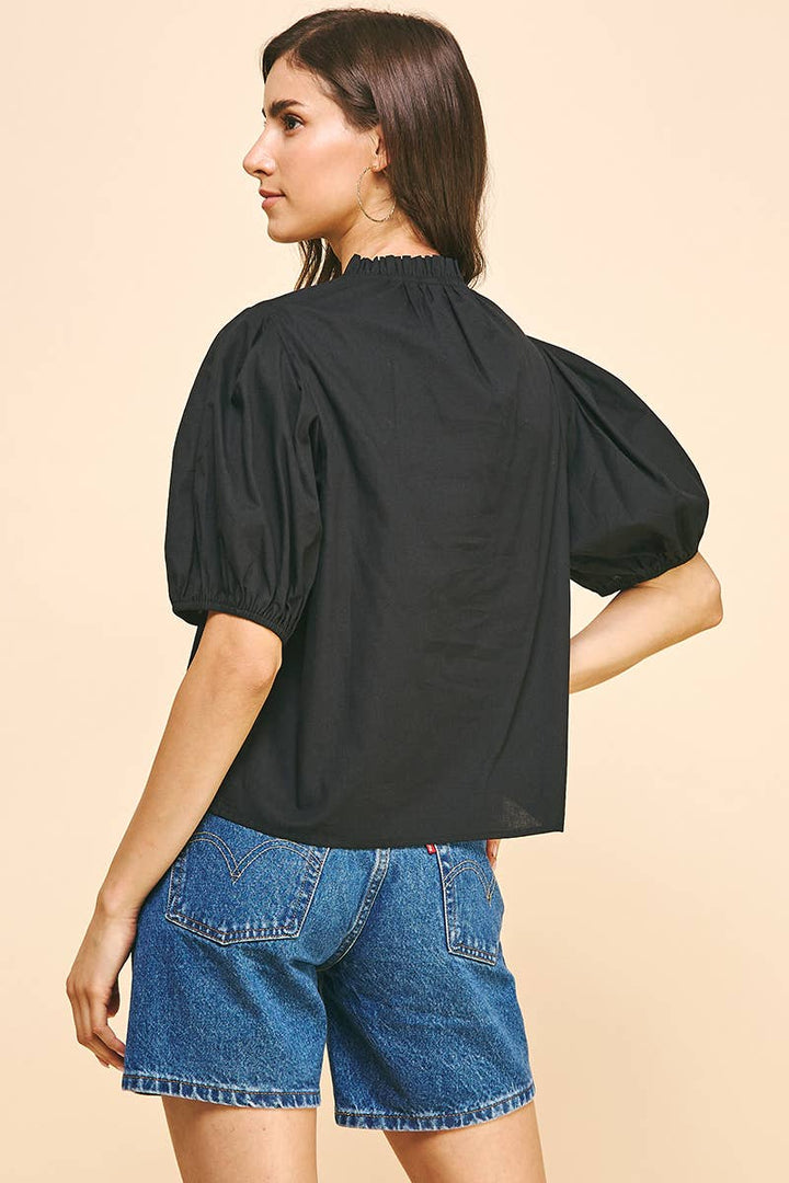 SS V-NECK WOVEN TOP - BLACK: M