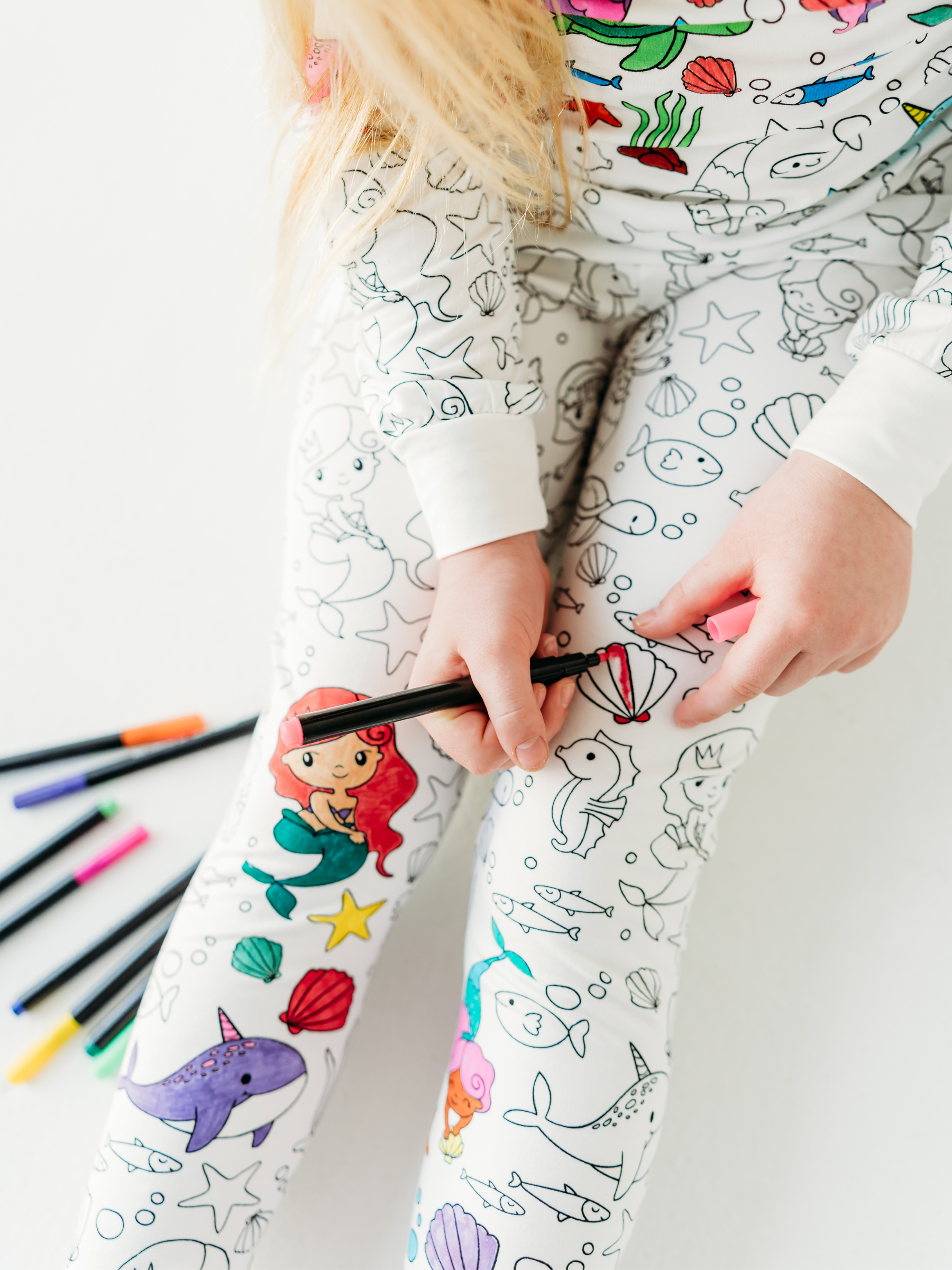 Mermaid Coloring Pajamas 2 piece set made from Bamboo: 7-8 Years