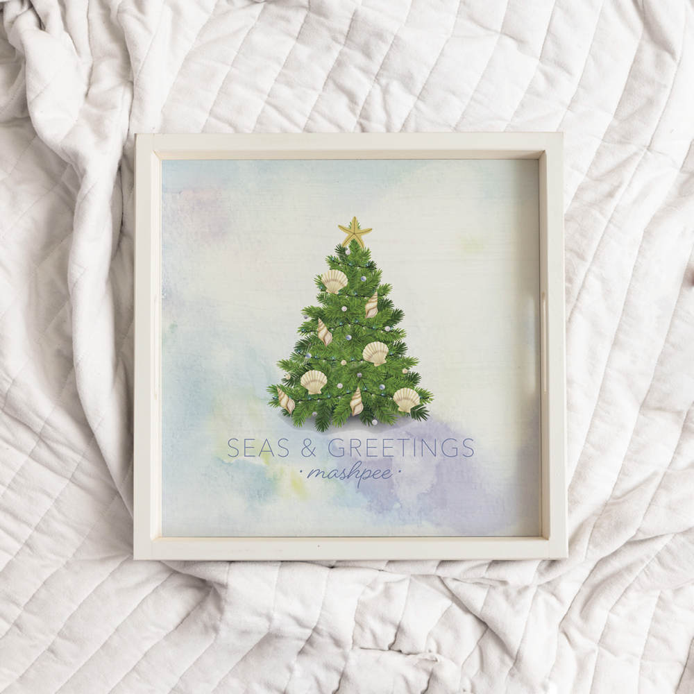 Personalized Coastal Christmas Tree Wooden Tray: Natural