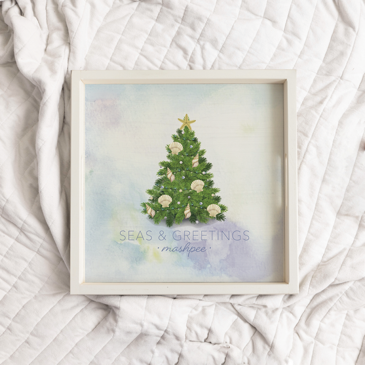 Personalized Coastal Christmas Tree Wooden Tray: Natural