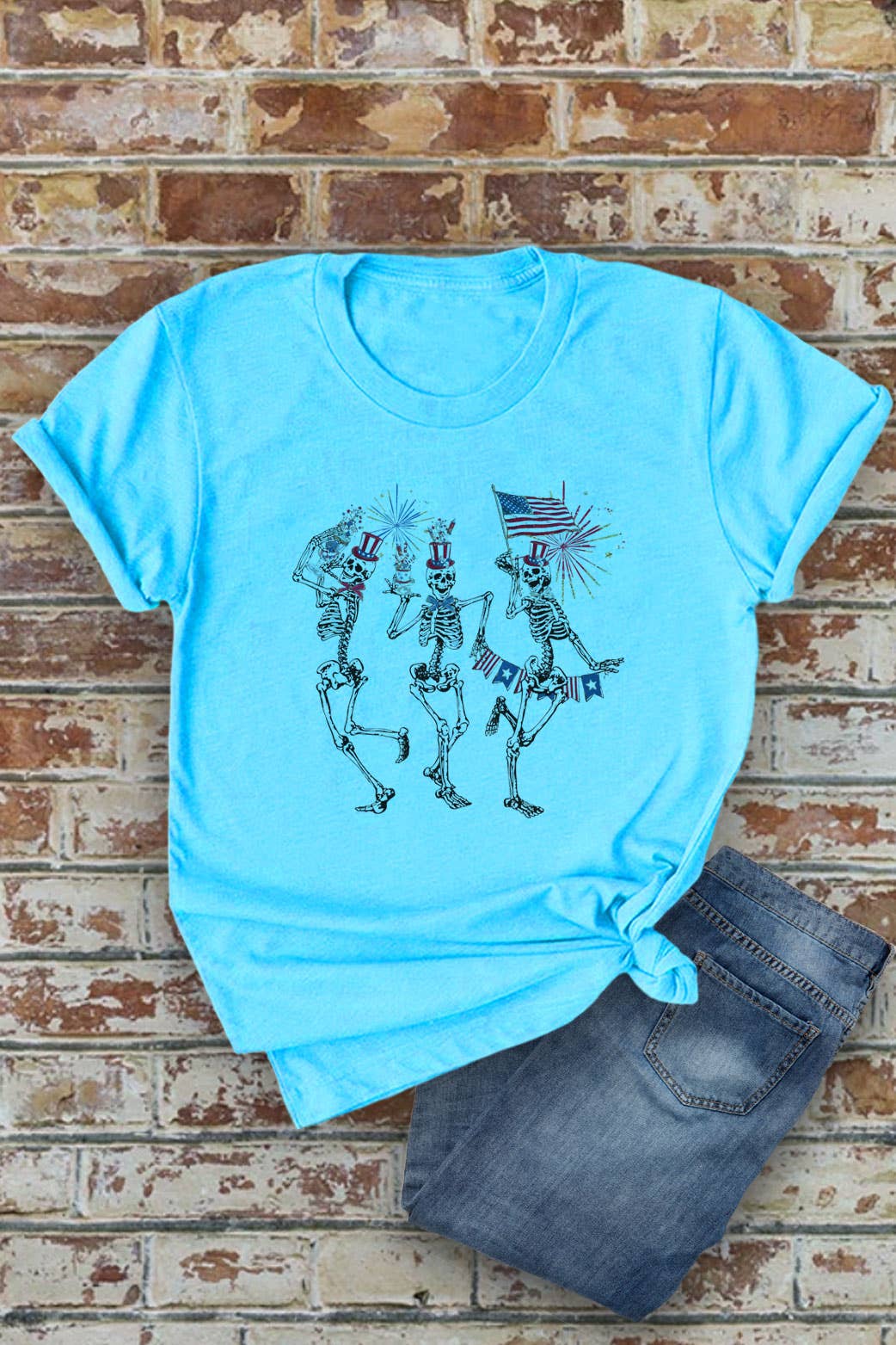 Fourth of July Skellies, 4th of July, Unisex Round Neck T-Shirt: S / White