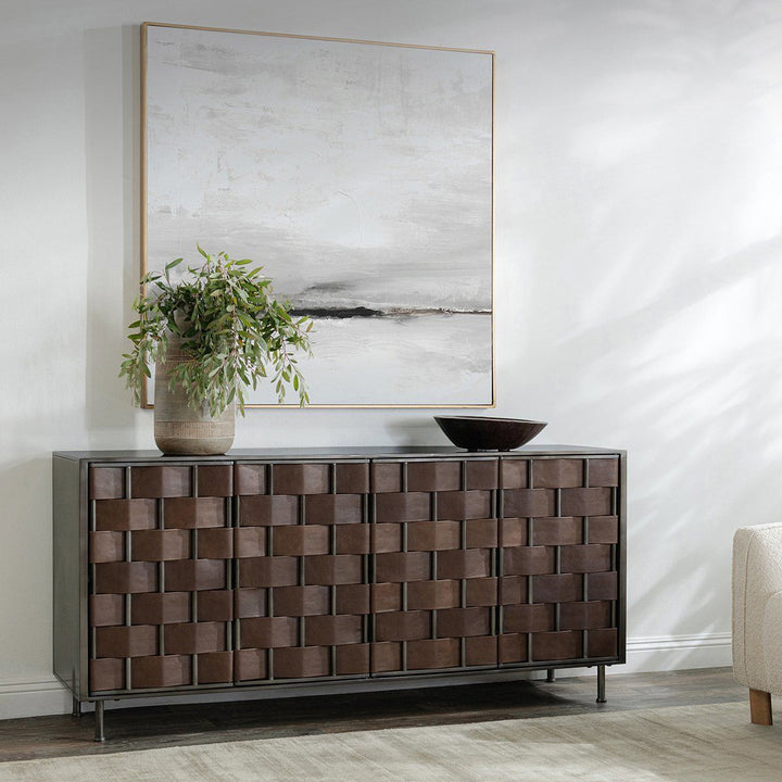 Komo - Leather/Metal 4 Doors Cabinet - Dark Brown
