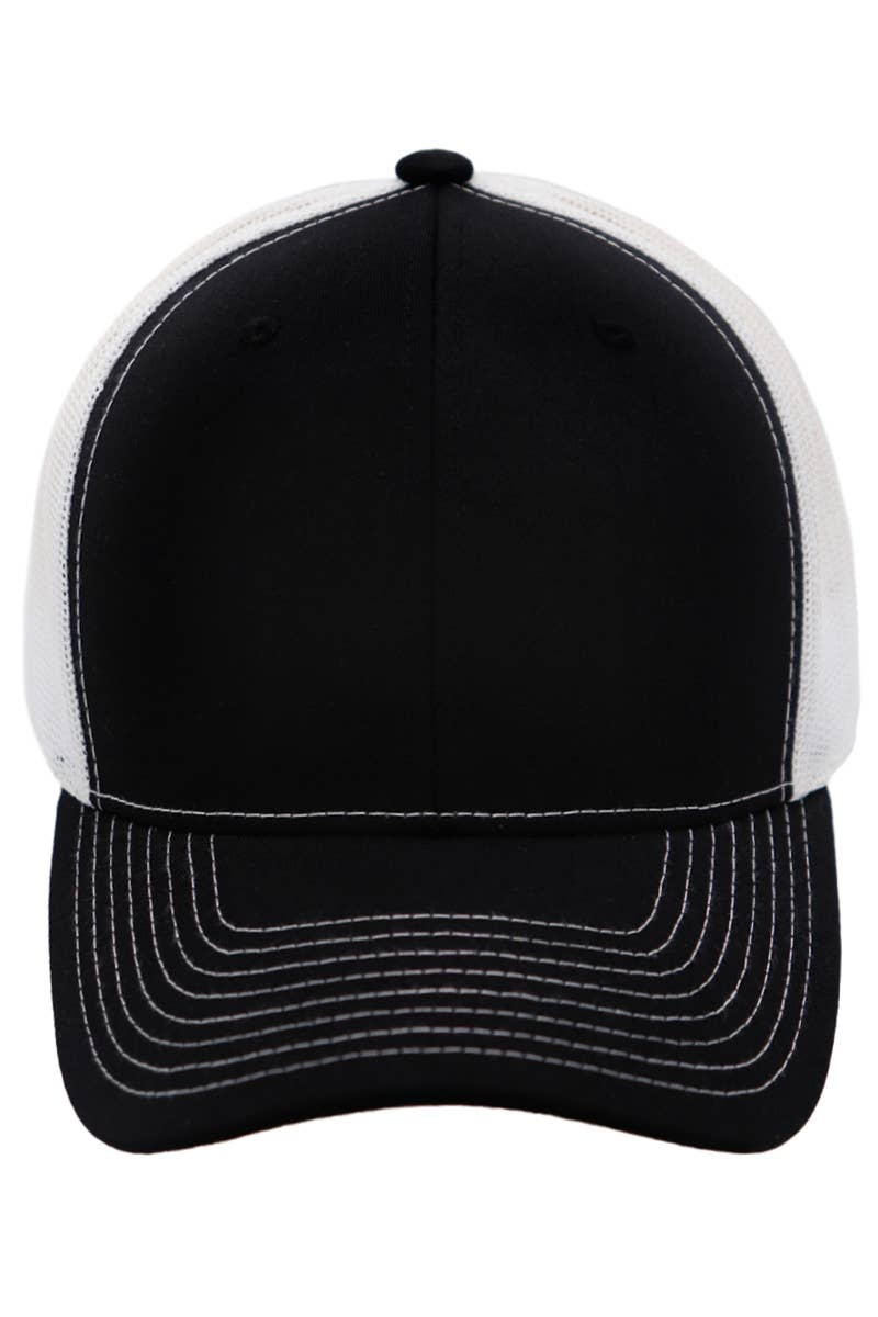 Sleek Black Front Six Panel Curved Bill Trucker Hat: Black