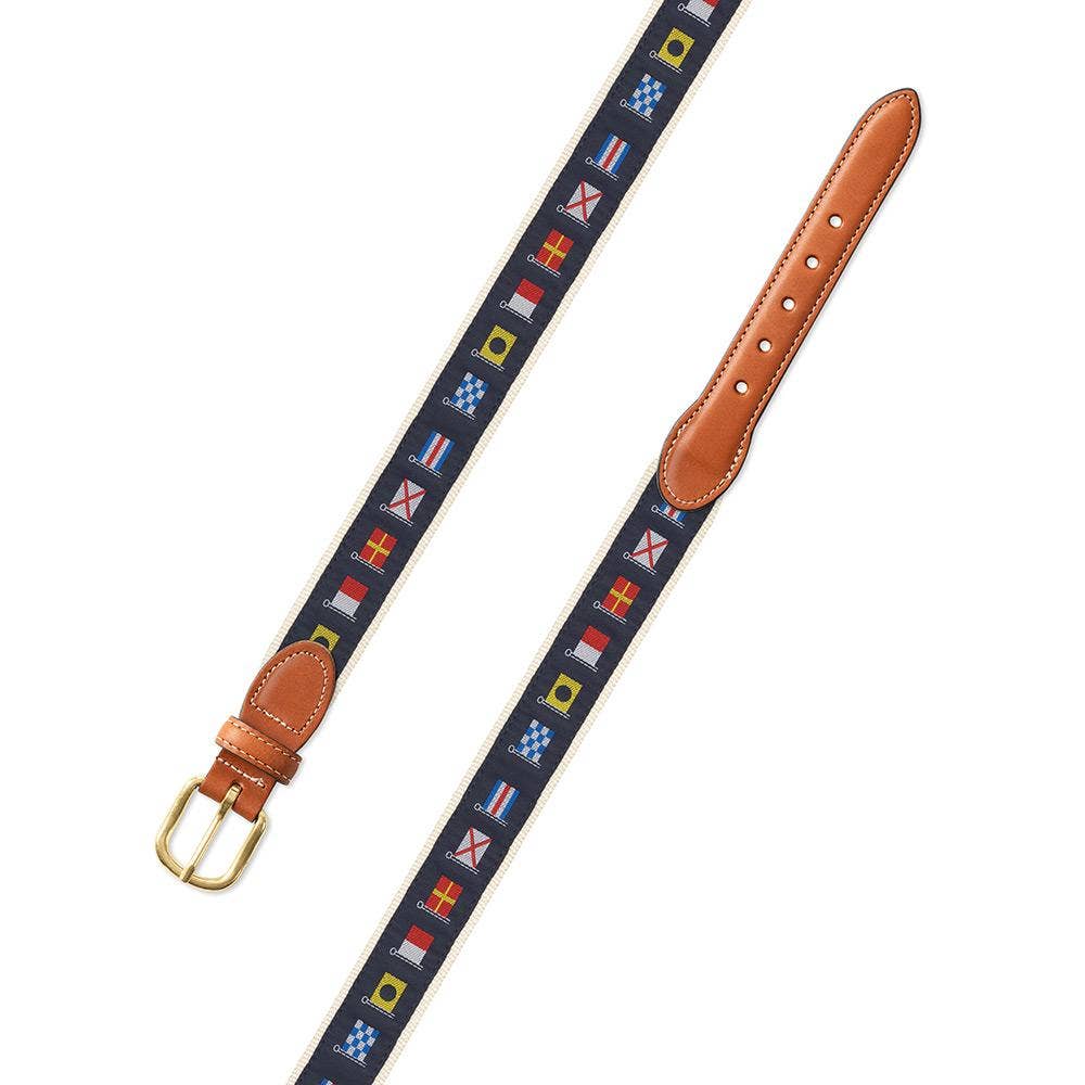 Nautical Flags Motif Leather Tab Belt: Tan Leather Tabs / 38"