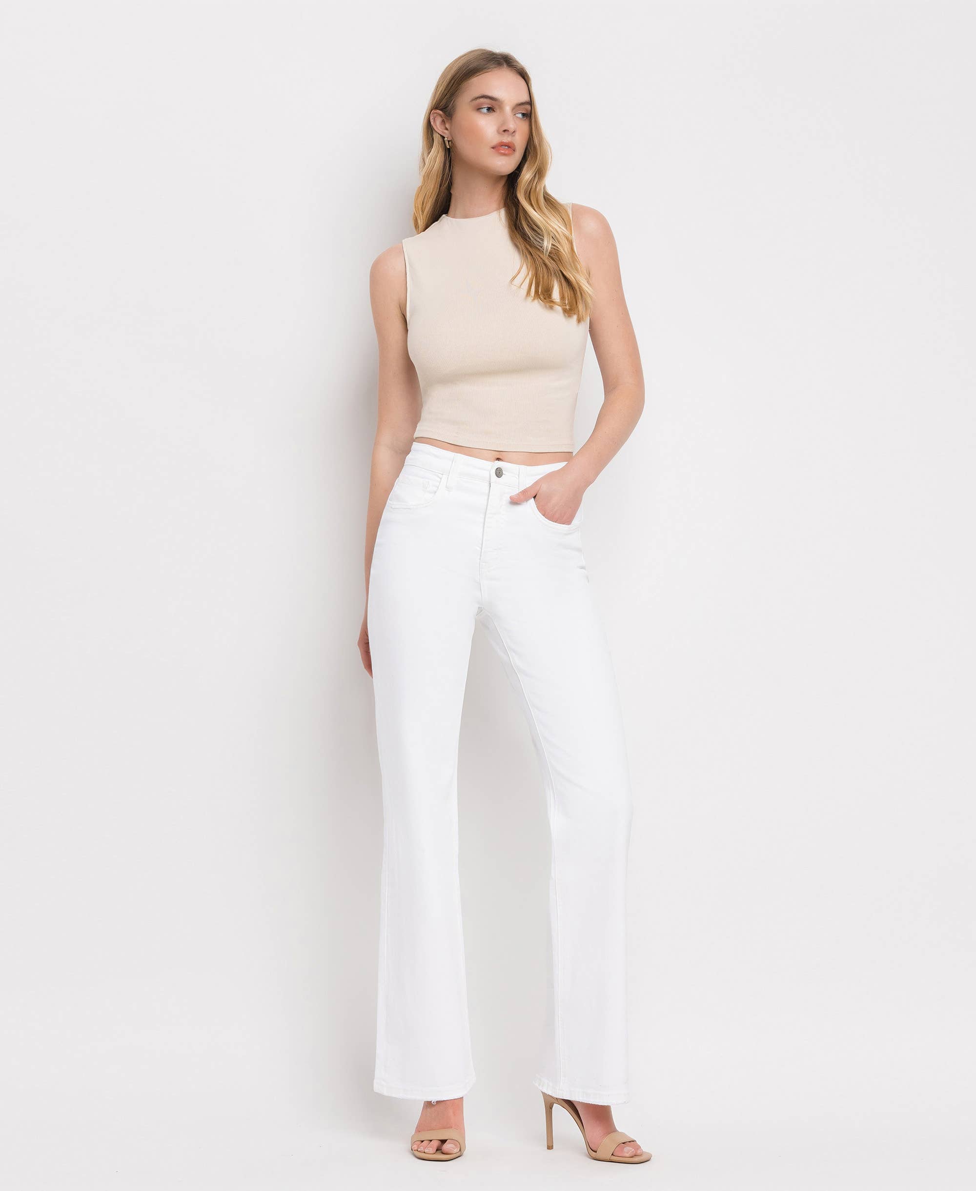 90'S VINTAGE TUMMY CONTROL SUPER HIGH FLARE JEANS V3212WH: OPTIC WHITE / 26