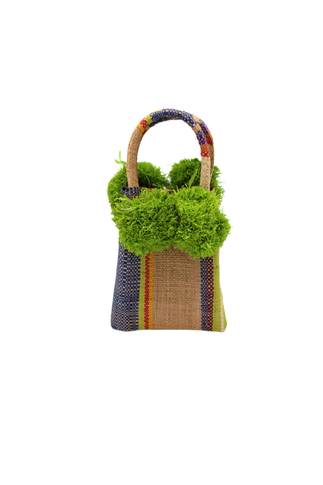 Schooner Straw Mini Bag with Pompom Accent: Black Two Tone Stripe