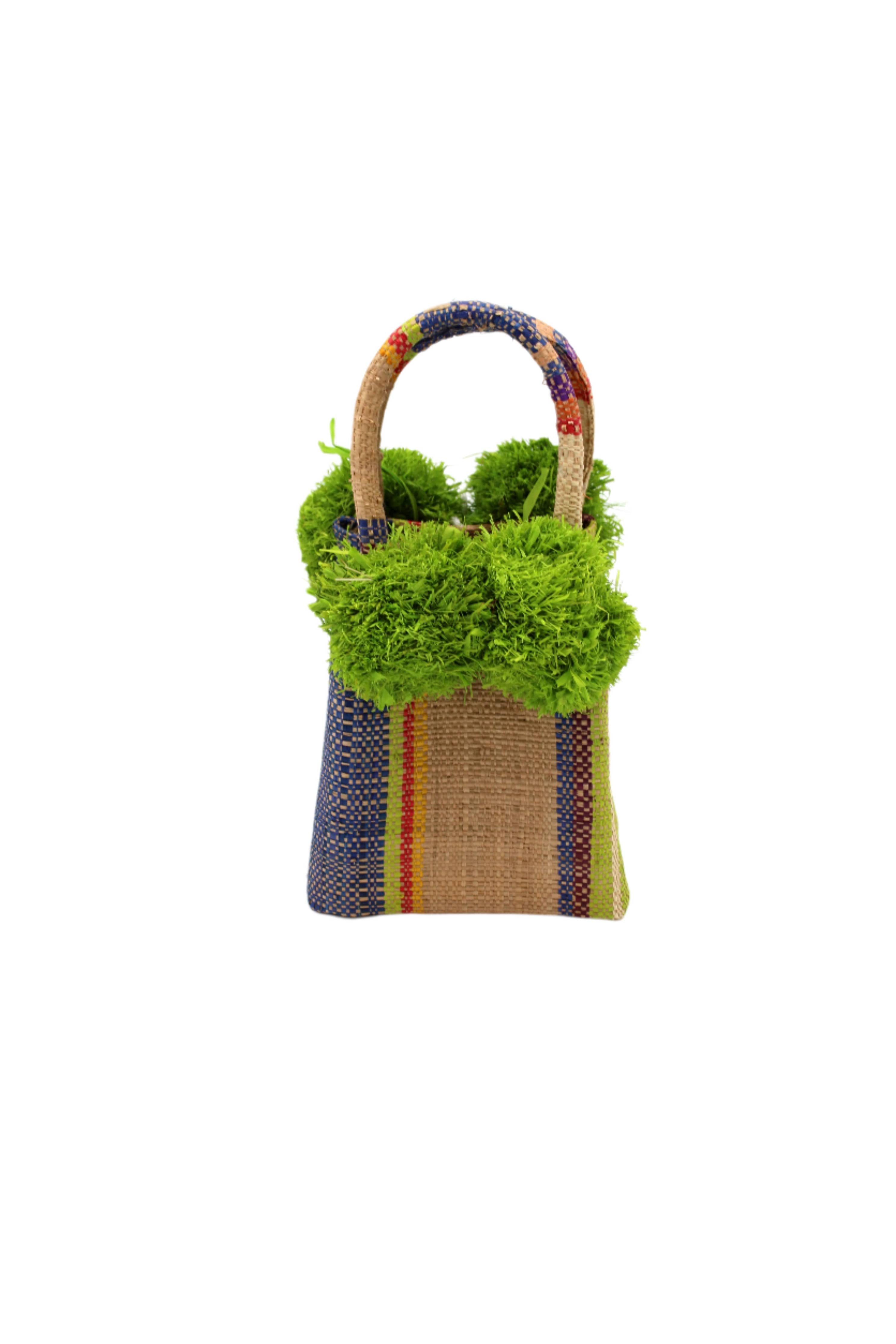 Schooner Straw Mini Bag with Pompom Accent: Black Two Tone Stripe
