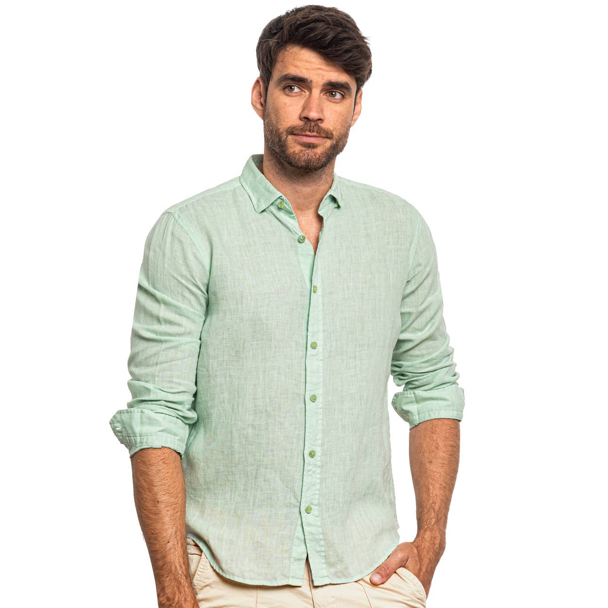 Linen Button Down Shirt - Green: GREEN / L