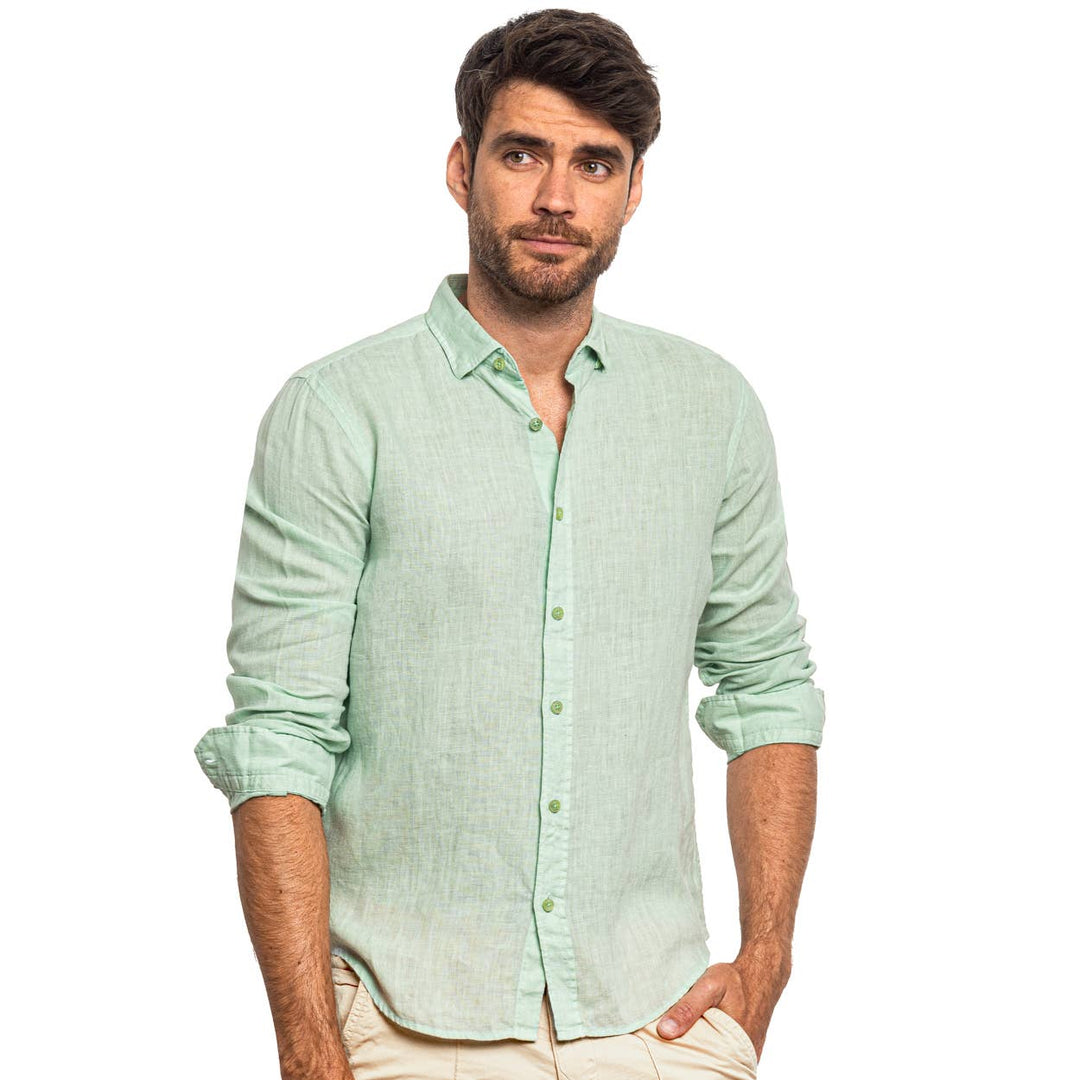 Linen Button Down Shirt - Green: GREEN / XL