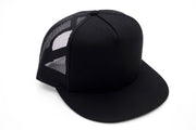 CUSTOM TEXT Raised Print Snapback Trucker Hats: All Black / White