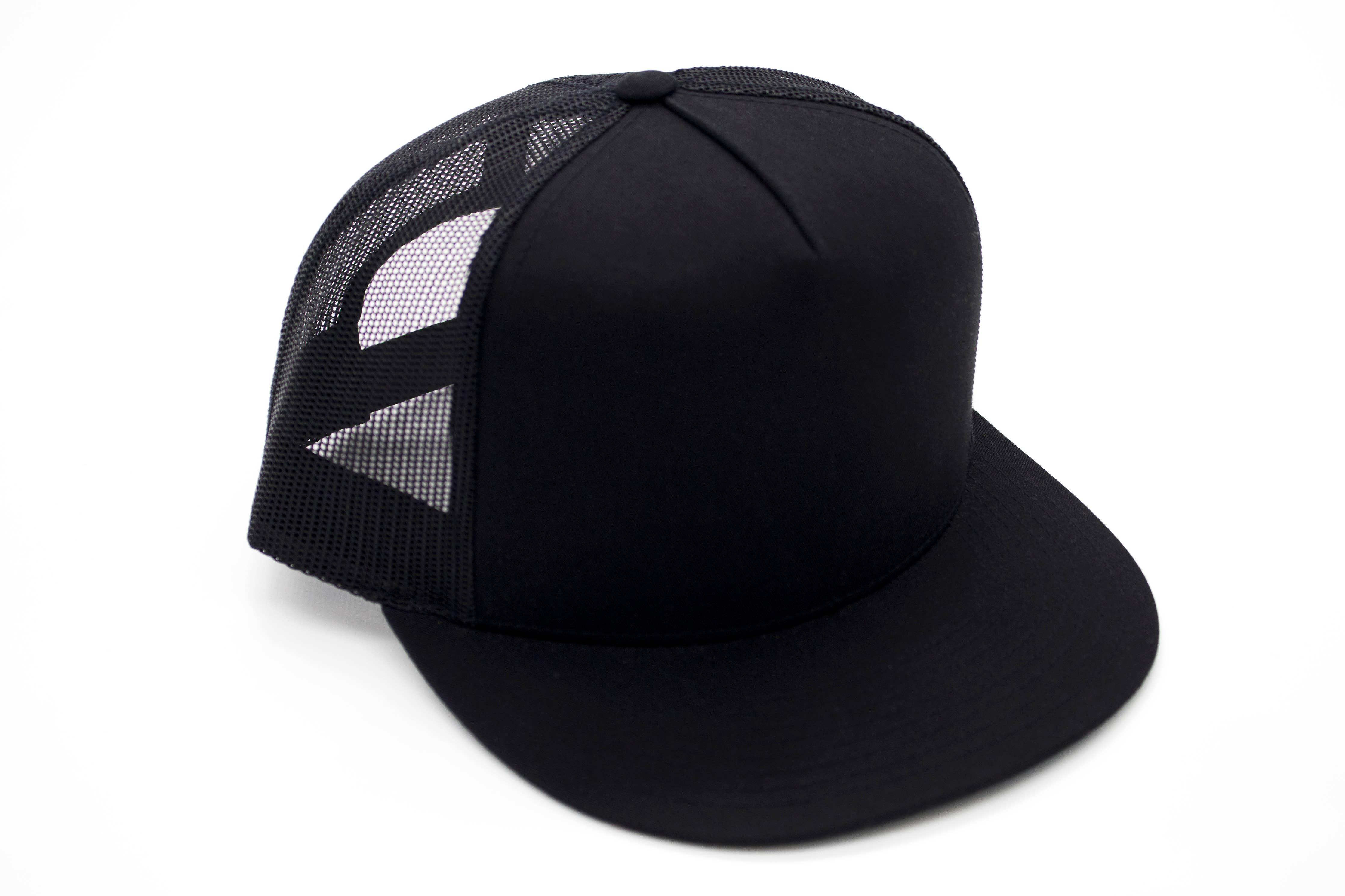 CUSTOM TEXT Raised Print Snapback Trucker Hats: All Black / White