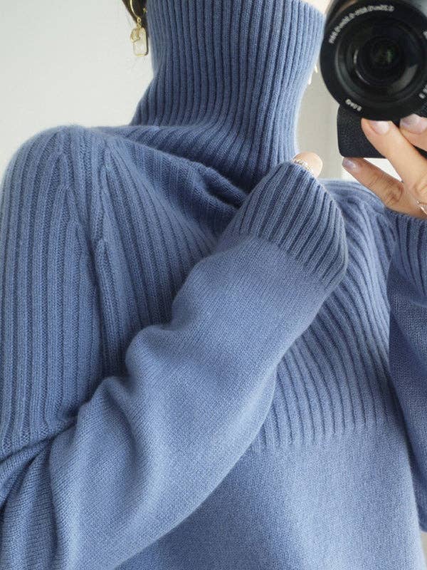 Casual Long Sleeves Loose Solid Color High-Neck Sweater Tops: GRAY / M
