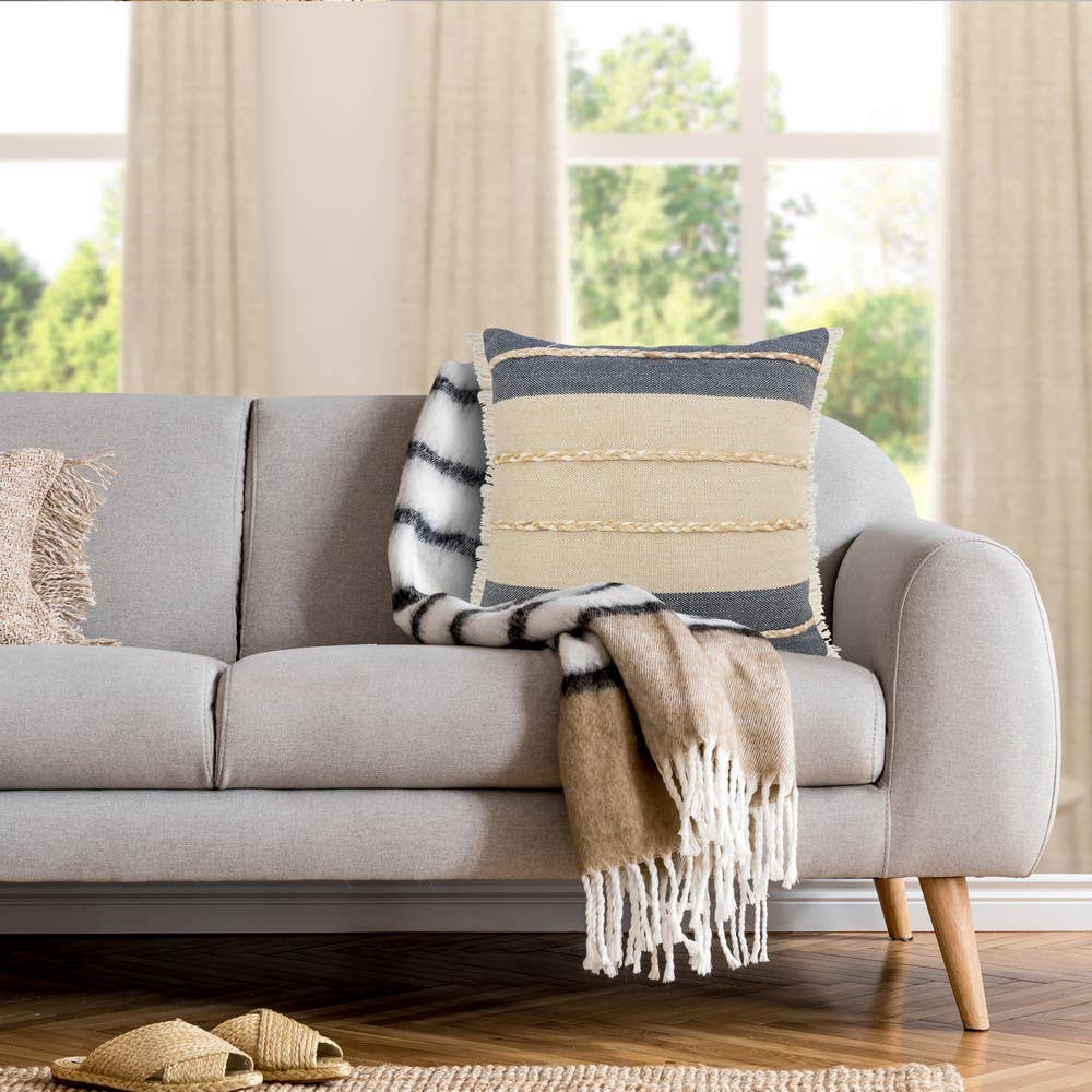 Atlantis Denim Blue and Taupe Throw Pillow with Jute: 20" x 20" / Poly Filled