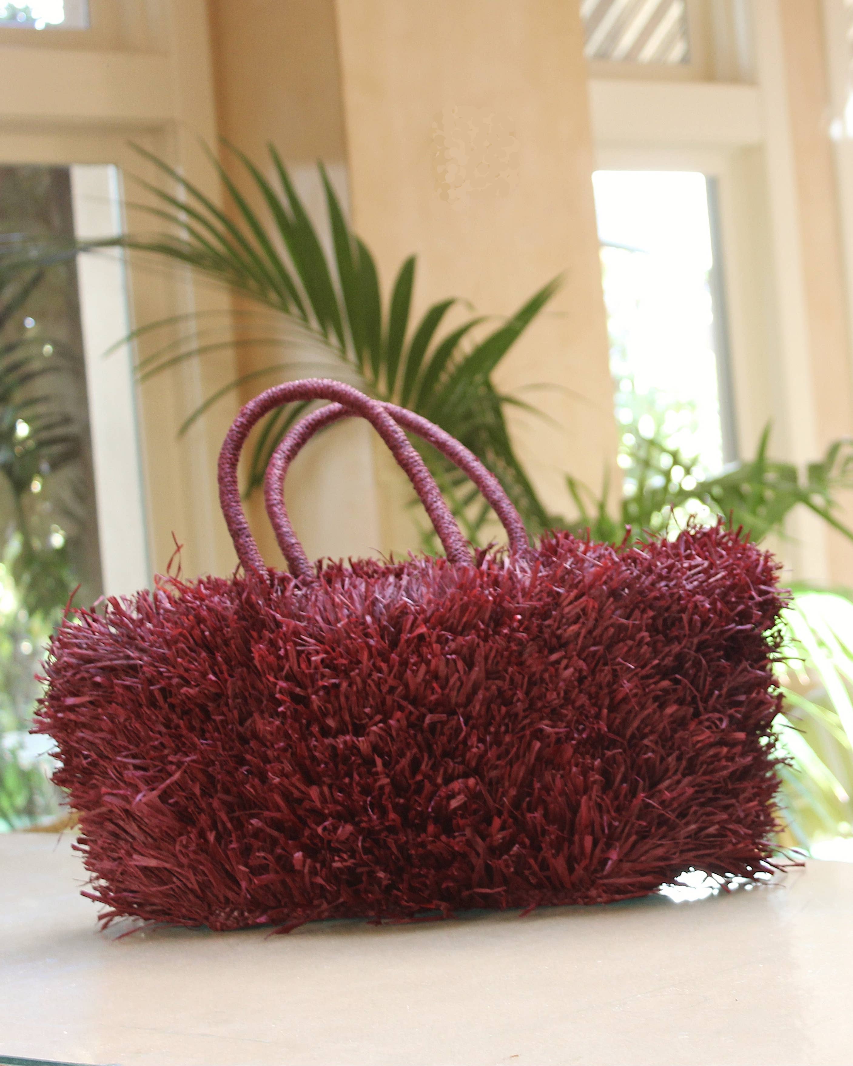 Calypso Pompom Pouf Crochet Straw Basket Handbag: Natural