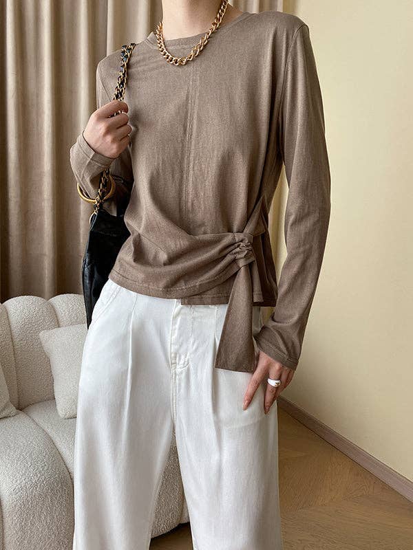 Long Sleeves Asymmetric Bowknot Solid Color Round-Neck T-Shirts Tops: COFFEE / One_size