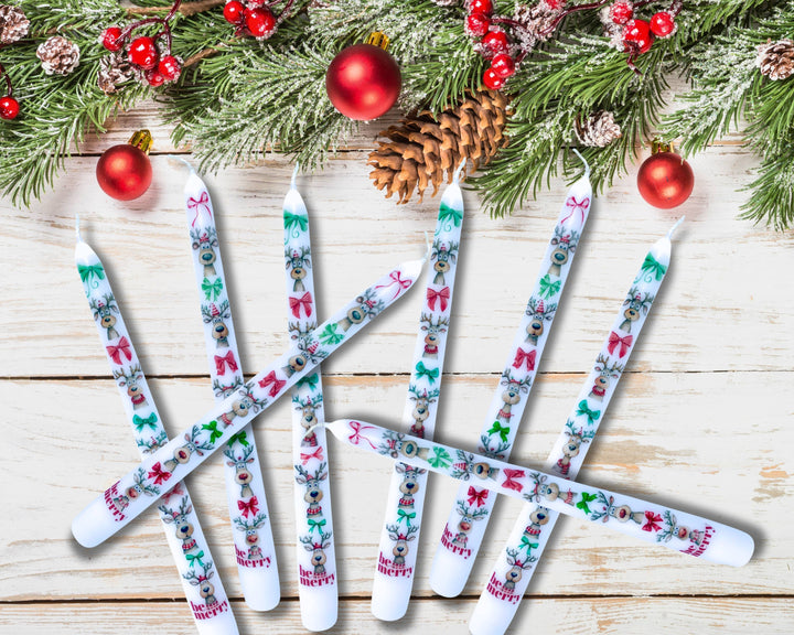 Be Merry Reindeer Christmas Taper Candle Decor, Holiday Deco