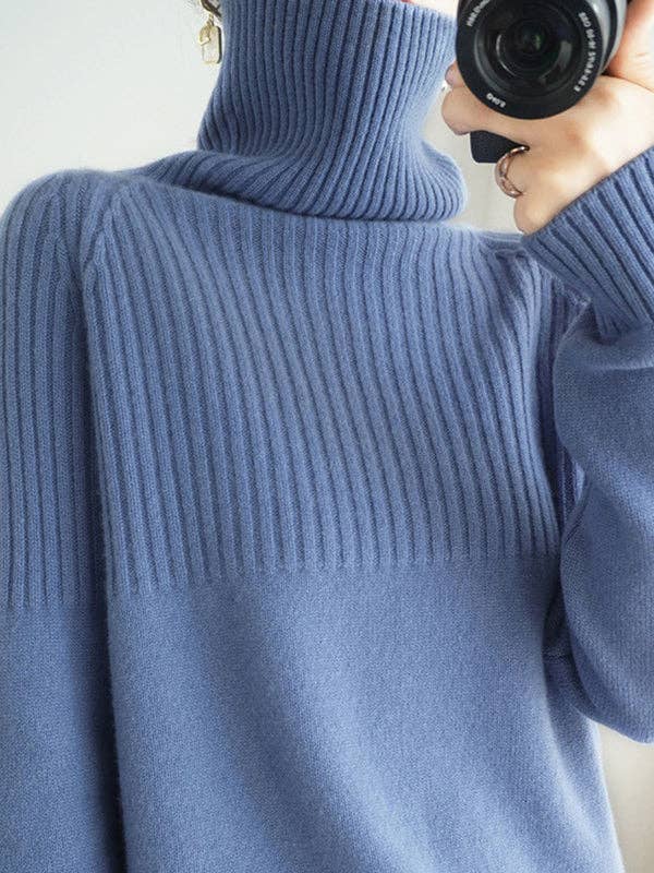 Casual Long Sleeves Loose Solid Color High-Neck Sweater Tops: GRAY / S