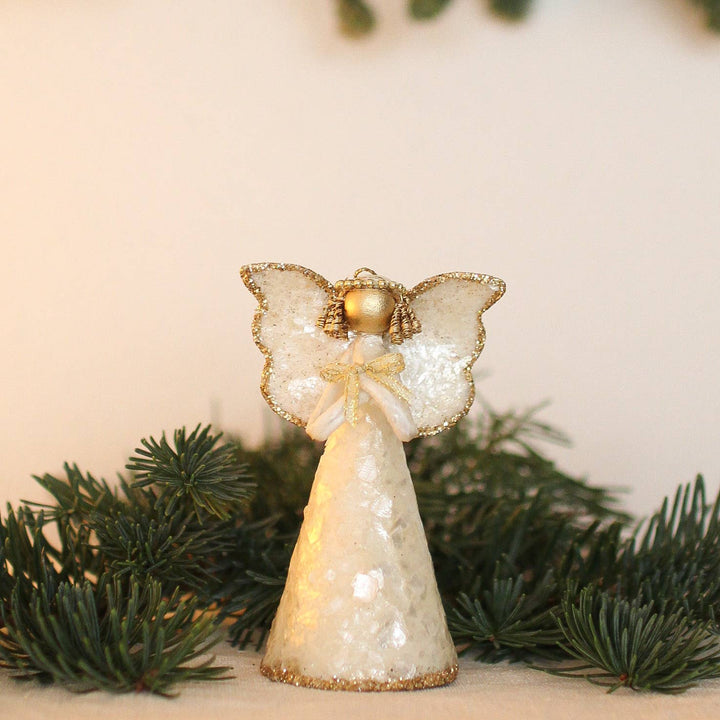4.5" Capiz Flakes Angel Ornament w/Glitter (Ecru/Gold)