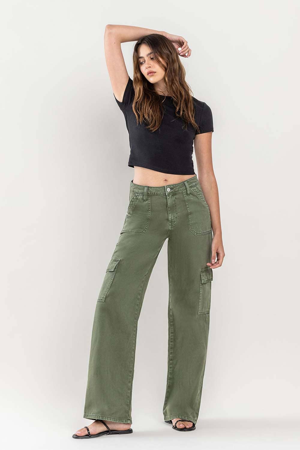 HIGH RISE UTILITY CARGO WIDE JEANS T5823TY: THYME / 25