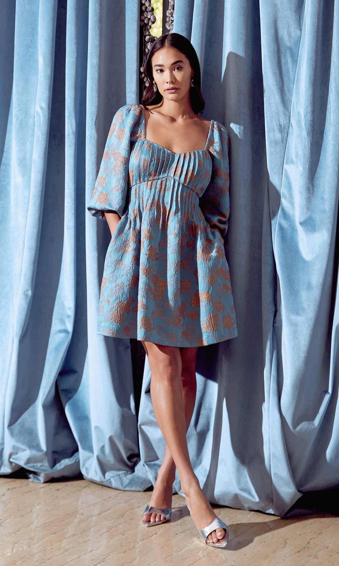 Ellie Pintucked Jacquard Dress: X-Small / BLUE-COPPER