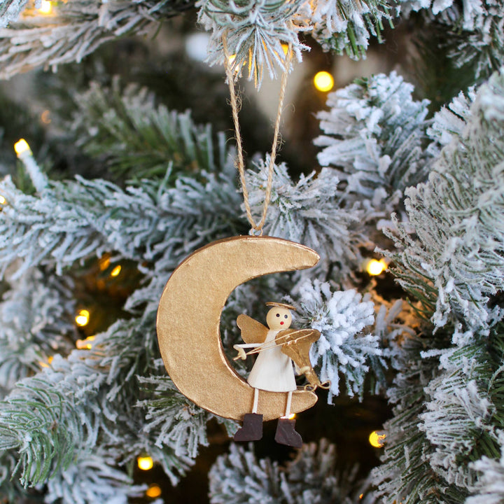3" Wood/Tin Angel on Moon Ornament (Off White/Gold)