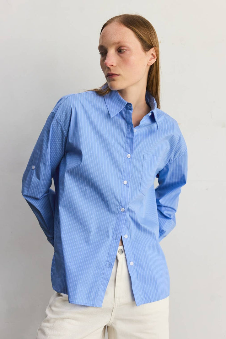 The Annalise Top | Pinstripe Button-Down Top: BLUE/WHITE / LARGE