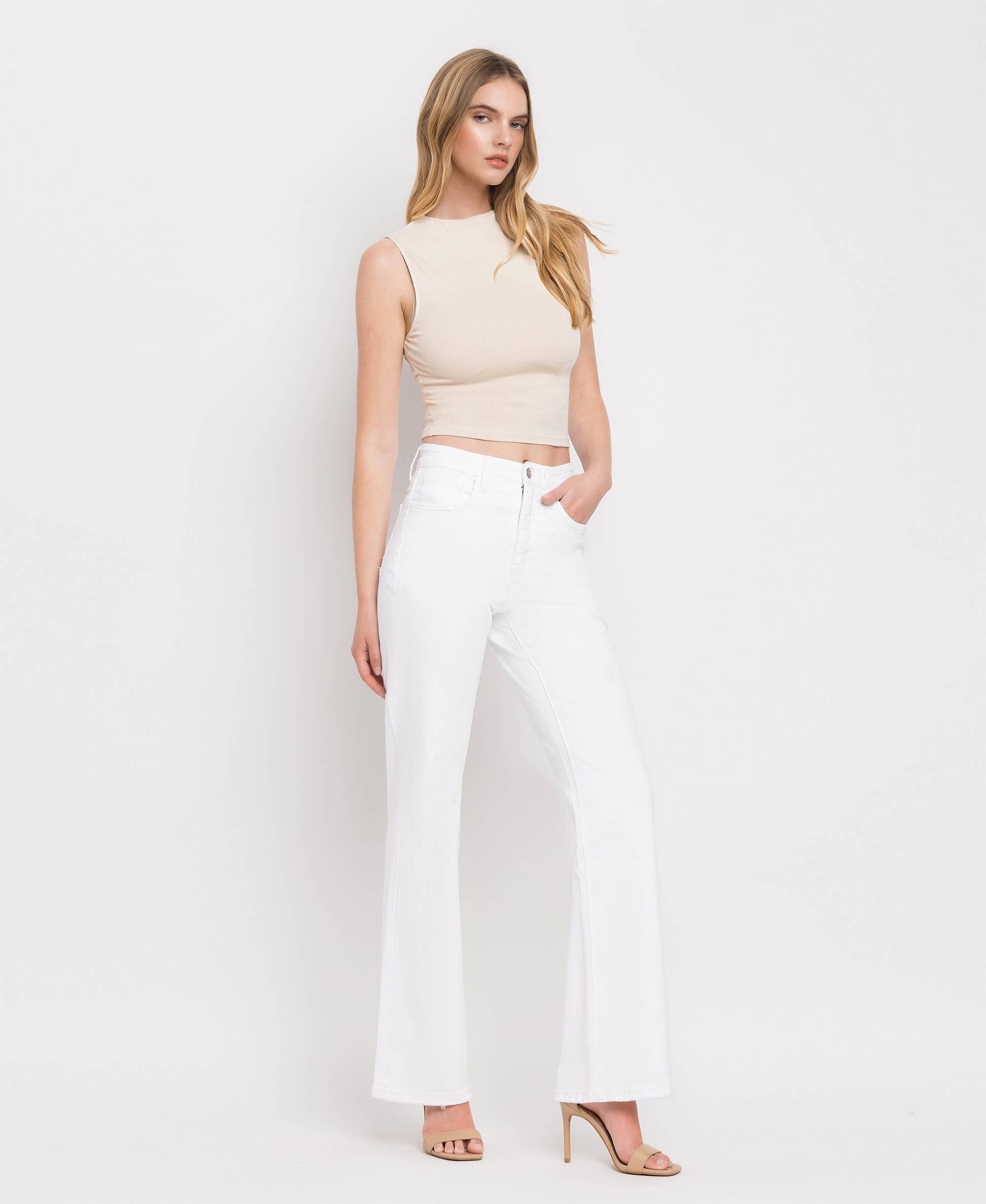90'S VINTAGE TUMMY CONTROL SUPER HIGH FLARE JEANS V3212WH: OPTIC WHITE / 29