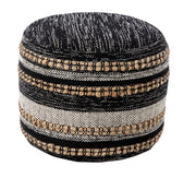 Modern Boho Striped Jute Pouf Ottoman: Black/White/Tan