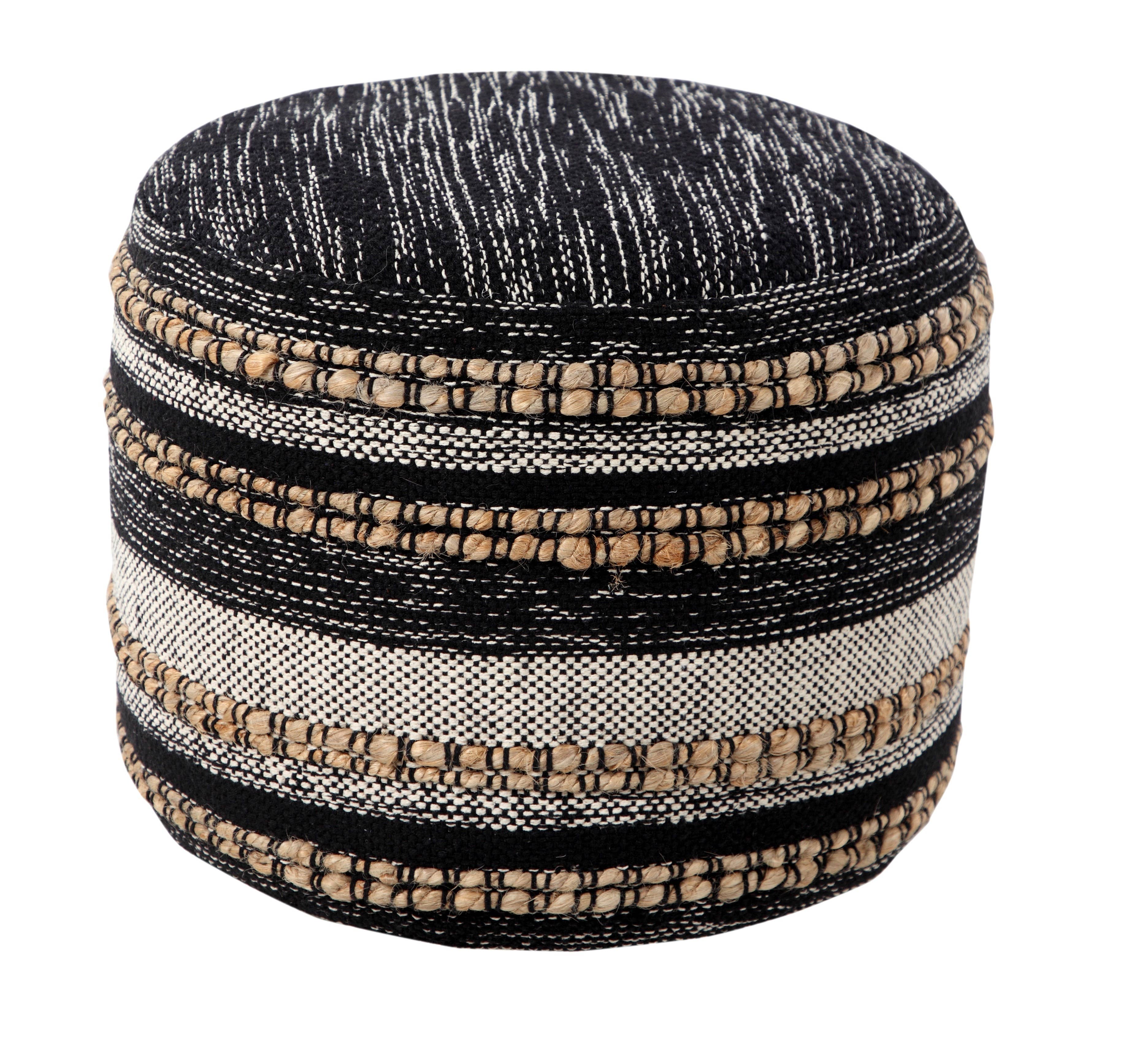 Modern Boho Striped Jute Pouf Ottoman: Black/White/Tan