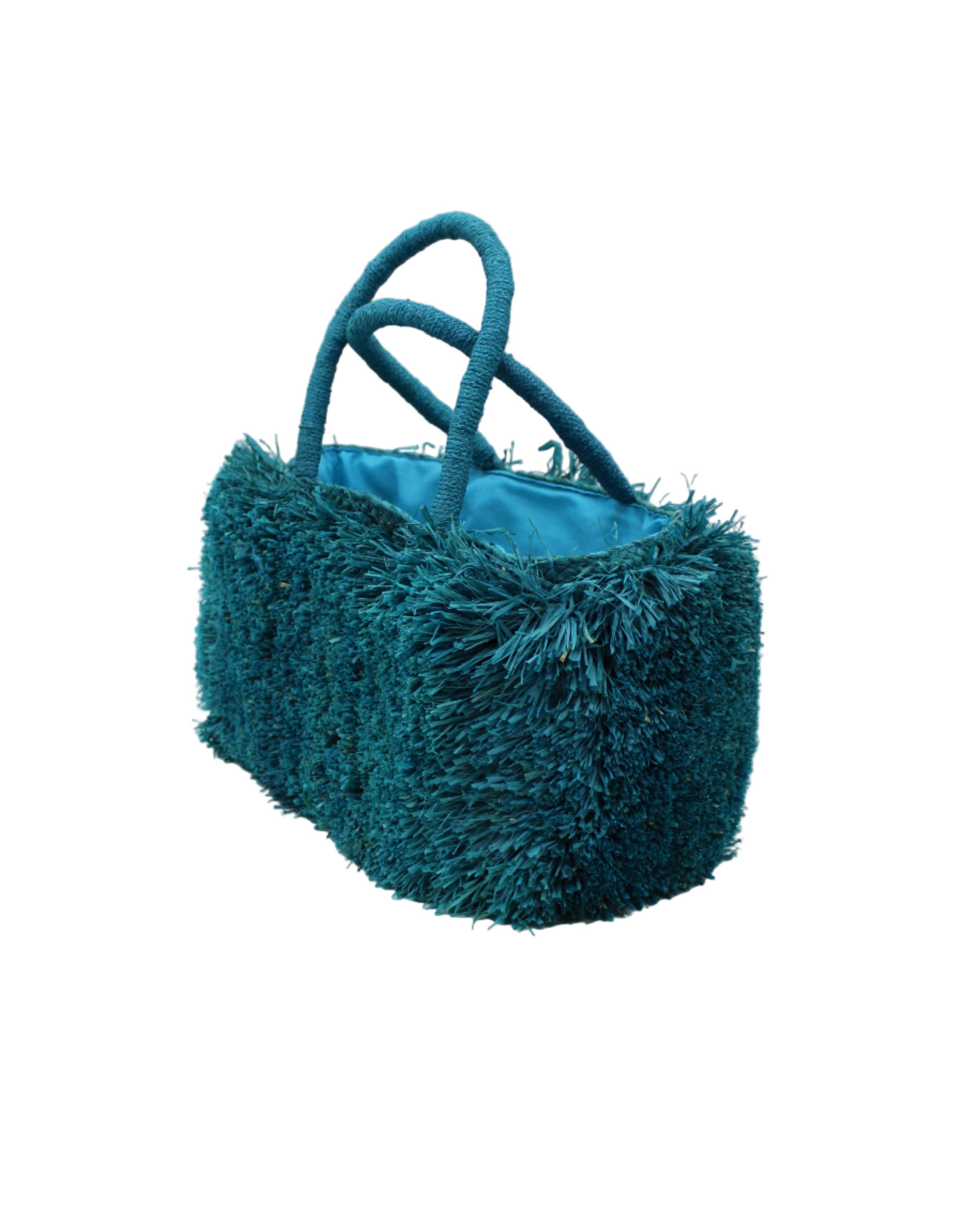 Calypso Pompom Pouf Crochet Straw Basket Handbag: Natural