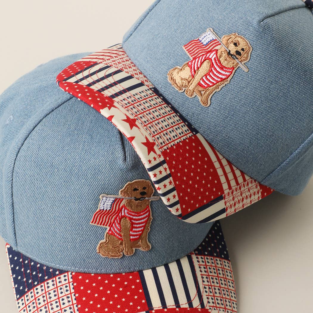 Dog Holding USA Flag Embroidered Patch Patchwork Denim Hat